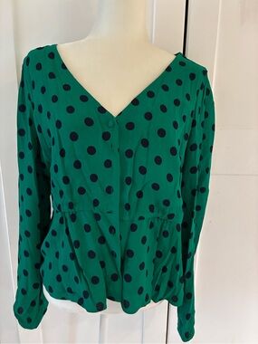 JCrew Green Polka Dot V-Neck Long Sleeve Blouse